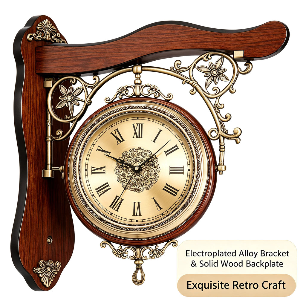 Double-Sided Wall Clock Vintage Style, 12-inch Silent Round Clock with 360° Rotation, Easy-to-Read Dual-Sided Dial for Living Room Office, Brown