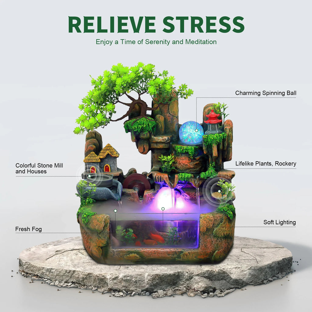 Lucky Feng Shui Money Tree Water Fountain, Circulating Fish Tank Waterfall with Resin Rockery, for Wealth Success & Home Decor Gift