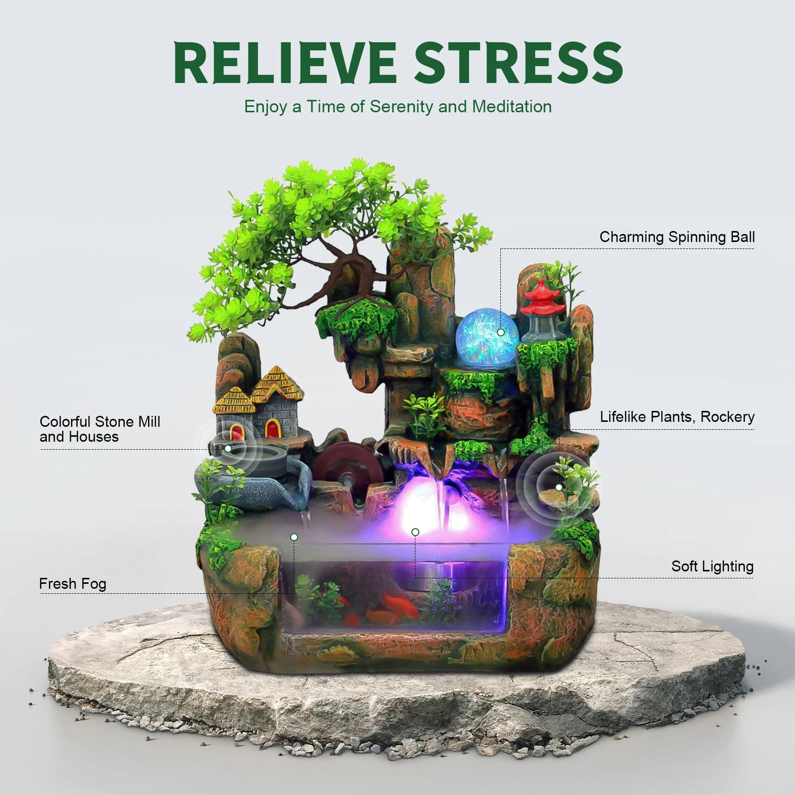 Lucky Feng Shui Money Tree Water Fountain, Circulating Fish Tank Waterfall with Resin Rockery, for Wealth Success & Home Decor Gift