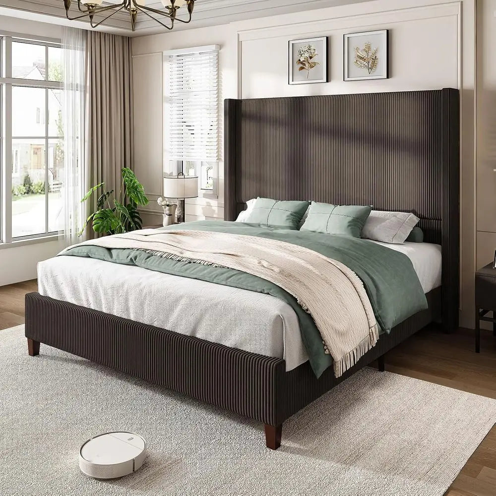 Chestnut 62 Corduroy Platform Bed Frame with Tall Wingback Headboard, No Box Spring Needed
