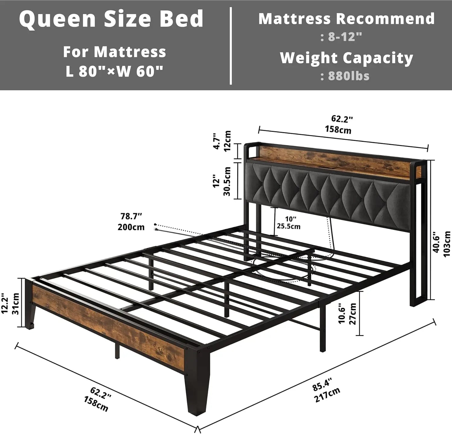 ANCTOR Twin-XL/Full/Queen/King Bed Frames, Storage Headboard with Outlets, No Noise, No Box Springs Needed