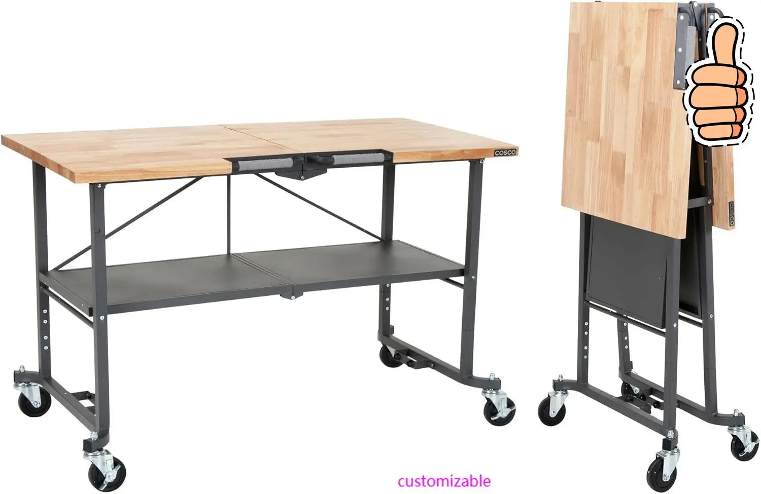 Smart-Fold Butcher Block Portable Workbench / Folding Utility Table Hardwood Top, 700LB Total Weight Capacity, Locking