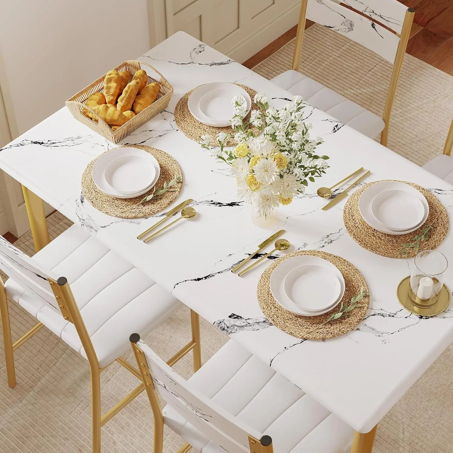 Dining Table Set for 4, Wood Kitchen Table with Upholstered Chairs for Kitchen & Dining Room