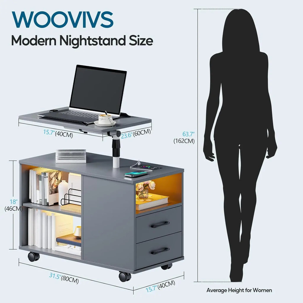 Nightstand with Charging Station, Bedside Table with LED Lights, Smart Side End Tabel Has Adjustable Rotary Table