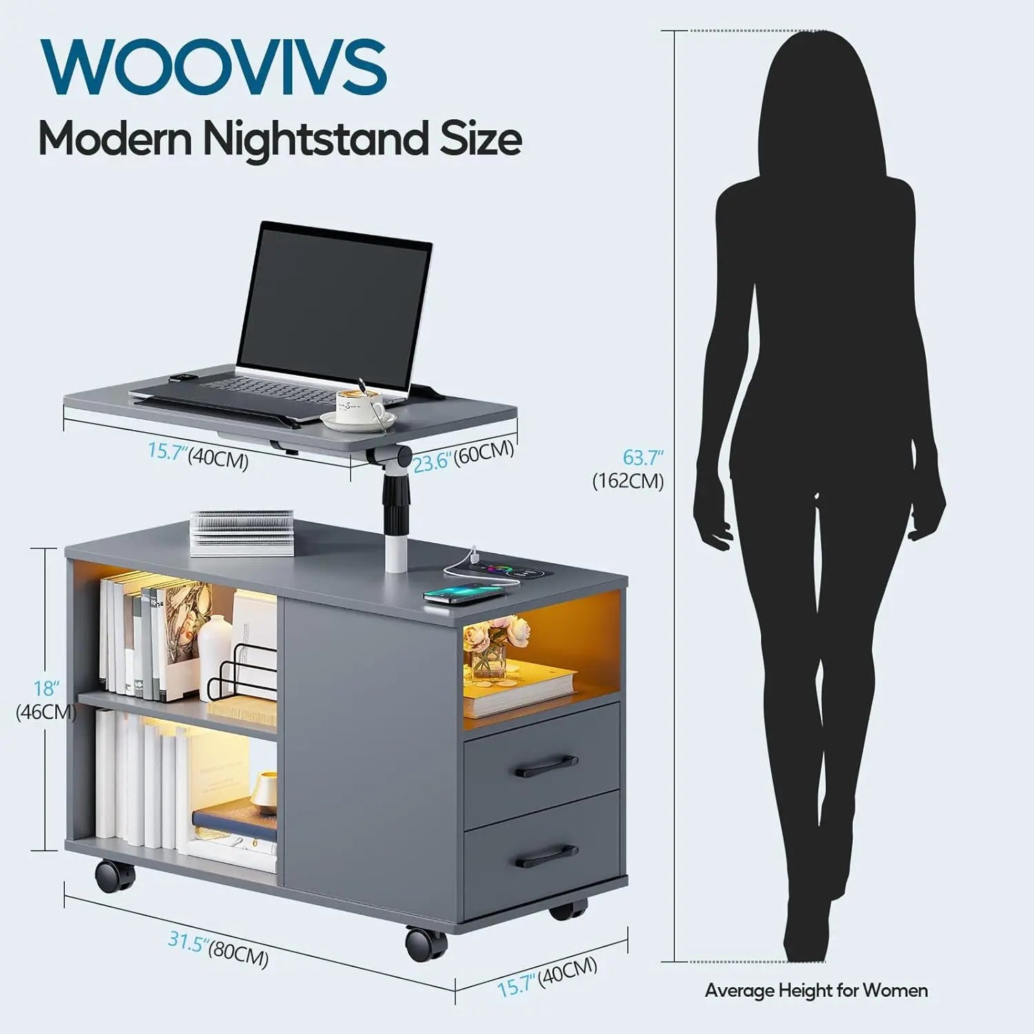 Nightstand with Charging Station, Bedside Table with LED Lights, Smart Side End Tabel Has Adjustable Rotary Table
