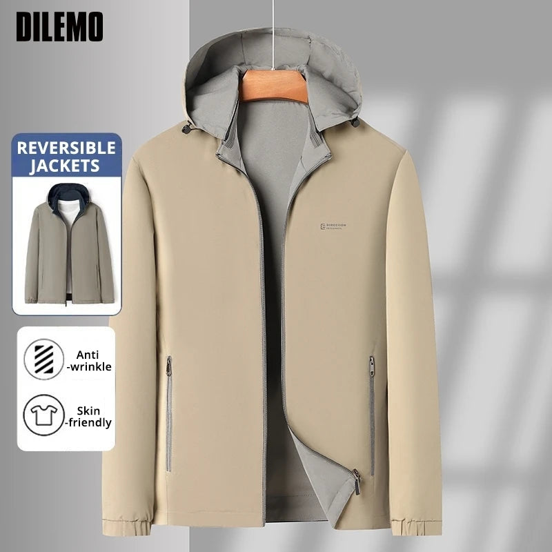 Premium Wrinkle Free Reversible Waterproof Men's Blazer Jacket/ Detachable Hooded Windbreaker/ Business-Casual, Lightweight Coats
