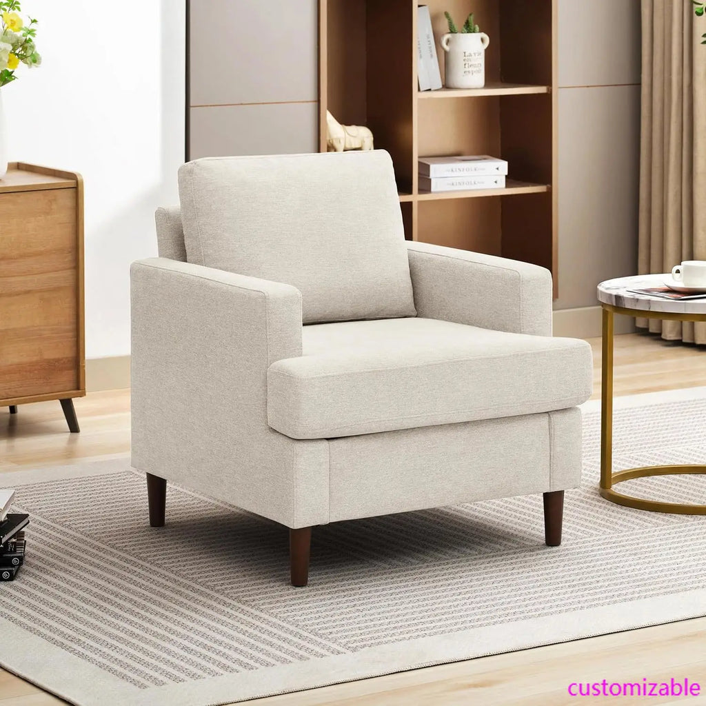 Mid-Century Accent Chair, Modern Linen Fabric Armchair for Living Room, Comfy Upholstered Reading Accent Chair(Beige, 1 Pack)