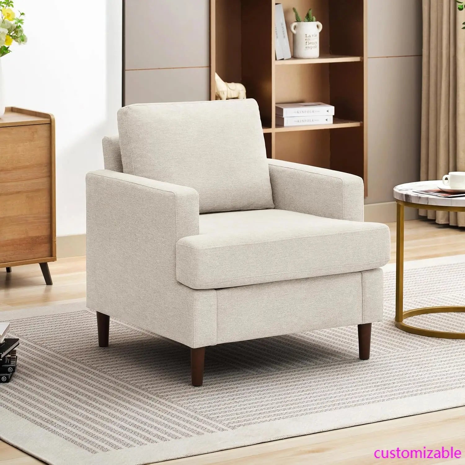Mid-Century Accent Chair, Modern Linen Fabric Armchair for Living Room, Comfy Upholstered Reading Accent Chair(Beige, 1 Pack)