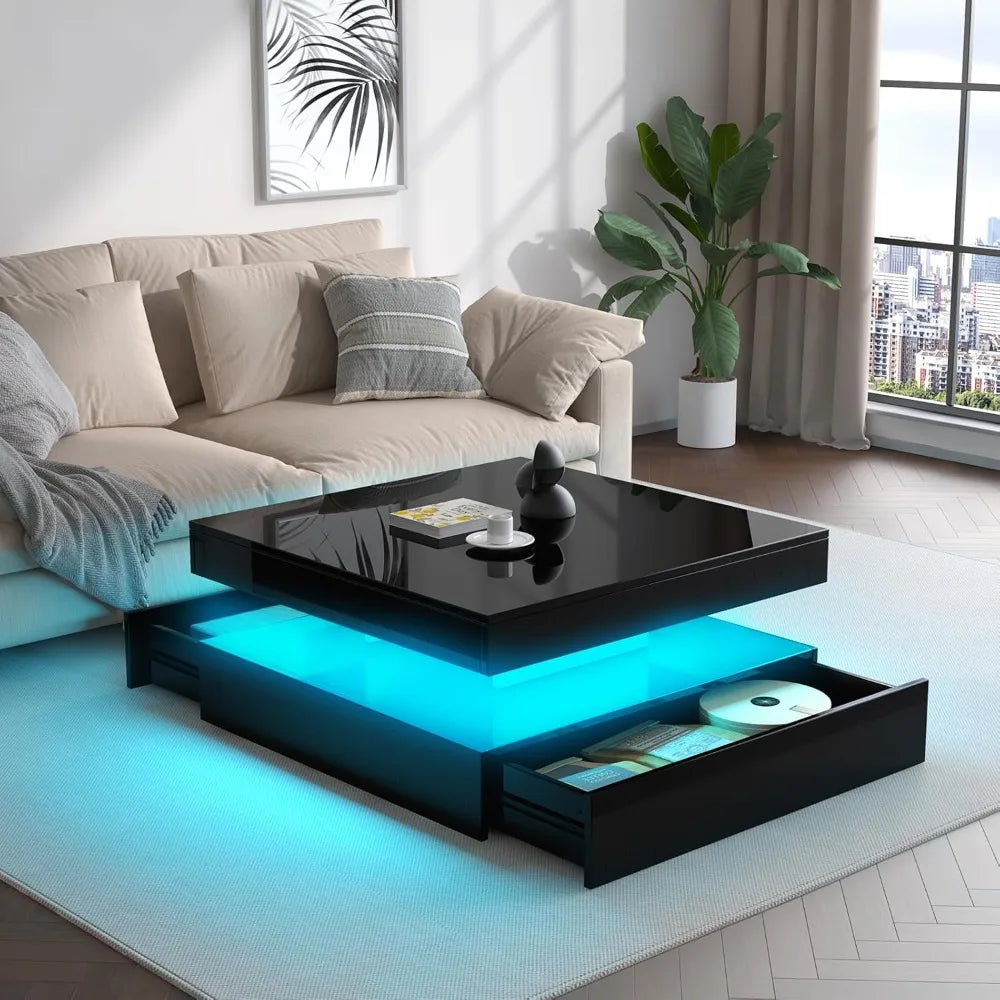 LED Coffee Table for Living Room with Storage - High Glossy Modern White Center Table with 2 Drawers, Square Wooden Middle Table