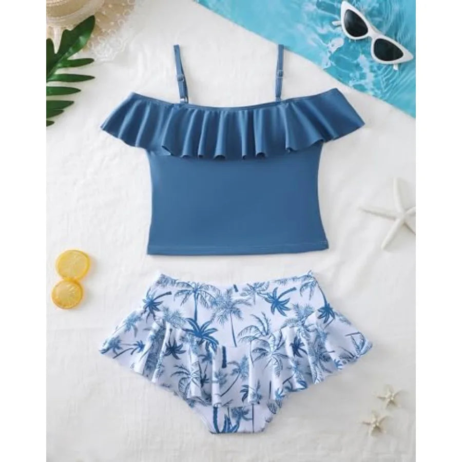 Mioglrie Girls Swimsuit 2 Pcs Bikini Set Tiered Ruffled Bathing Suit Floral Print Adjustable Straps Girls' Swimwear