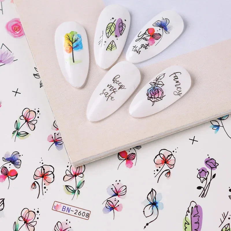 12 Pcs Summer Ink Blooming Flowers Nail Art Stickers, Water Decal Leaves /Graffiti Slider Nail Decoration