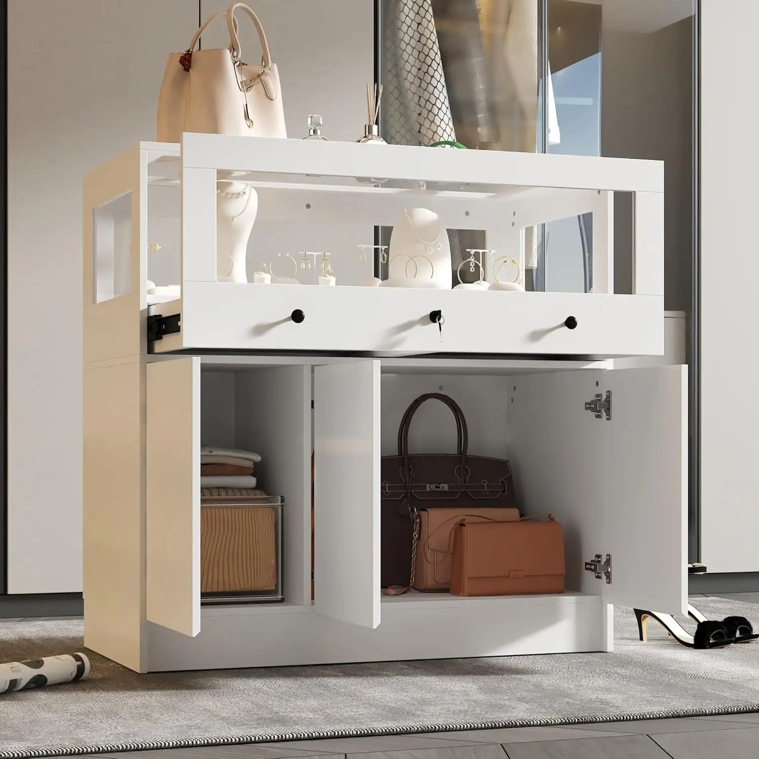 Lockable Glass Display Cabinet Closet Island ,Collectibles Showcase with 3 Doors, Walk in Display Island , Cloakroom, White