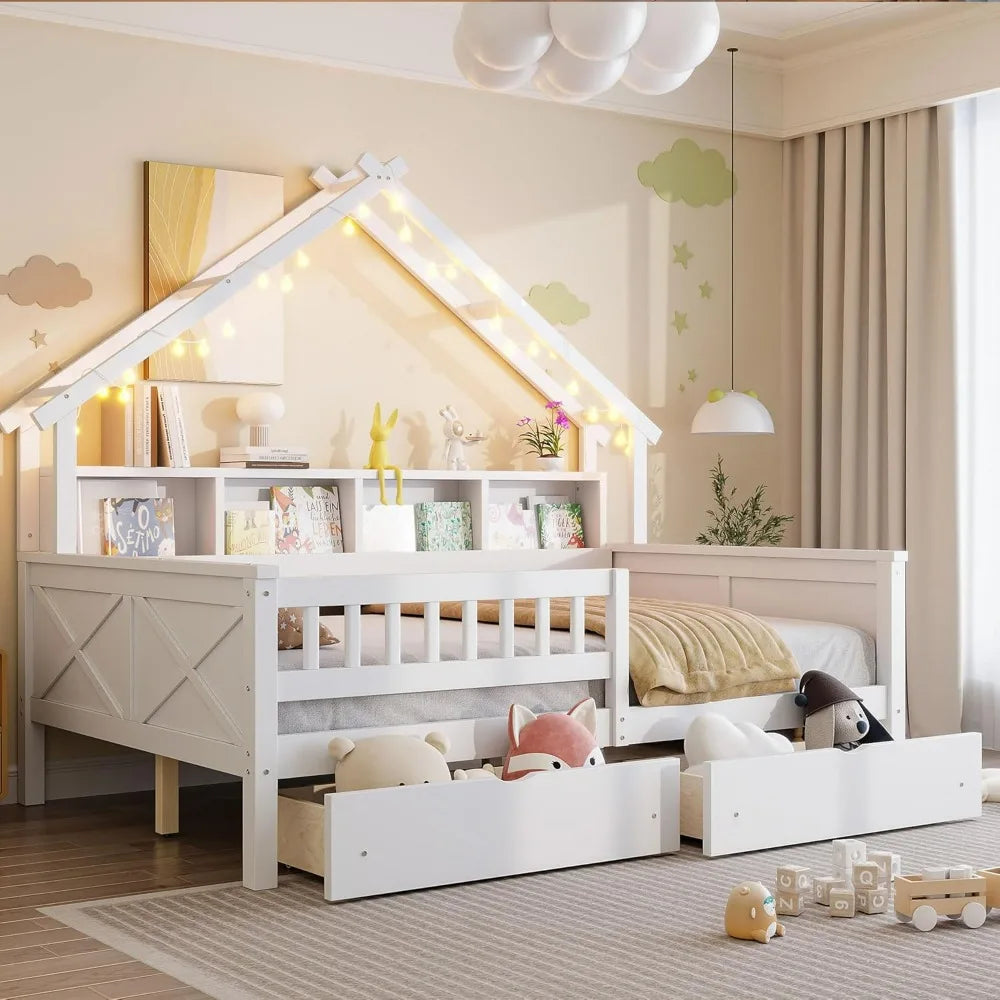 Full-Size House Platform Bed with LED Lights, Storage Shelves, Drawers, and Guardrail - Sturdy Pine Wood and MDF Frame