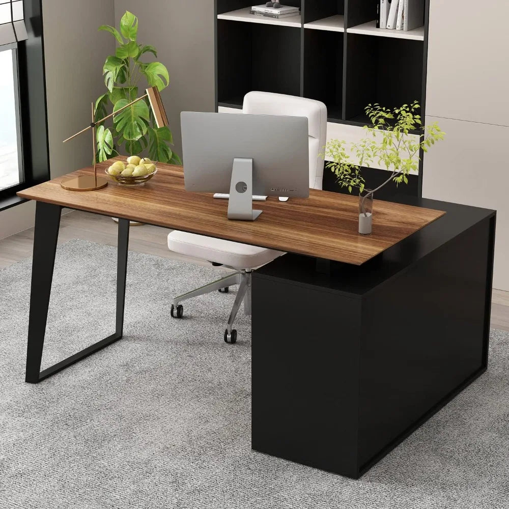 Corner Computer Desk with 3 Drawers, 2 Shelves & 2 Doors - 55" L-Shaped Desk for Study and Writing