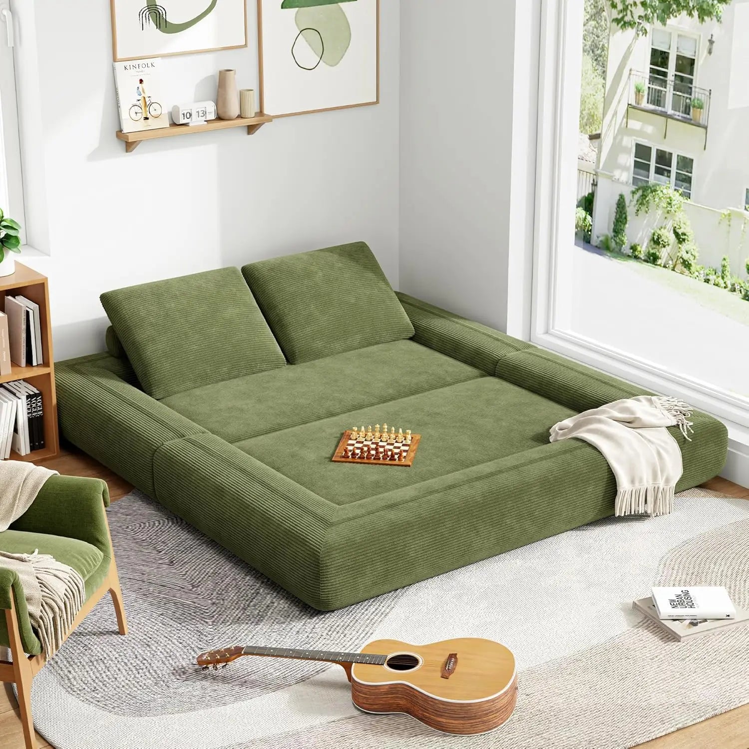 Convertible Sleeper Sofa Bed Floor Sofa 3-in-1 No Assembly, Foldable Mattress with Corduroy Upholstery Green, Dark Grey