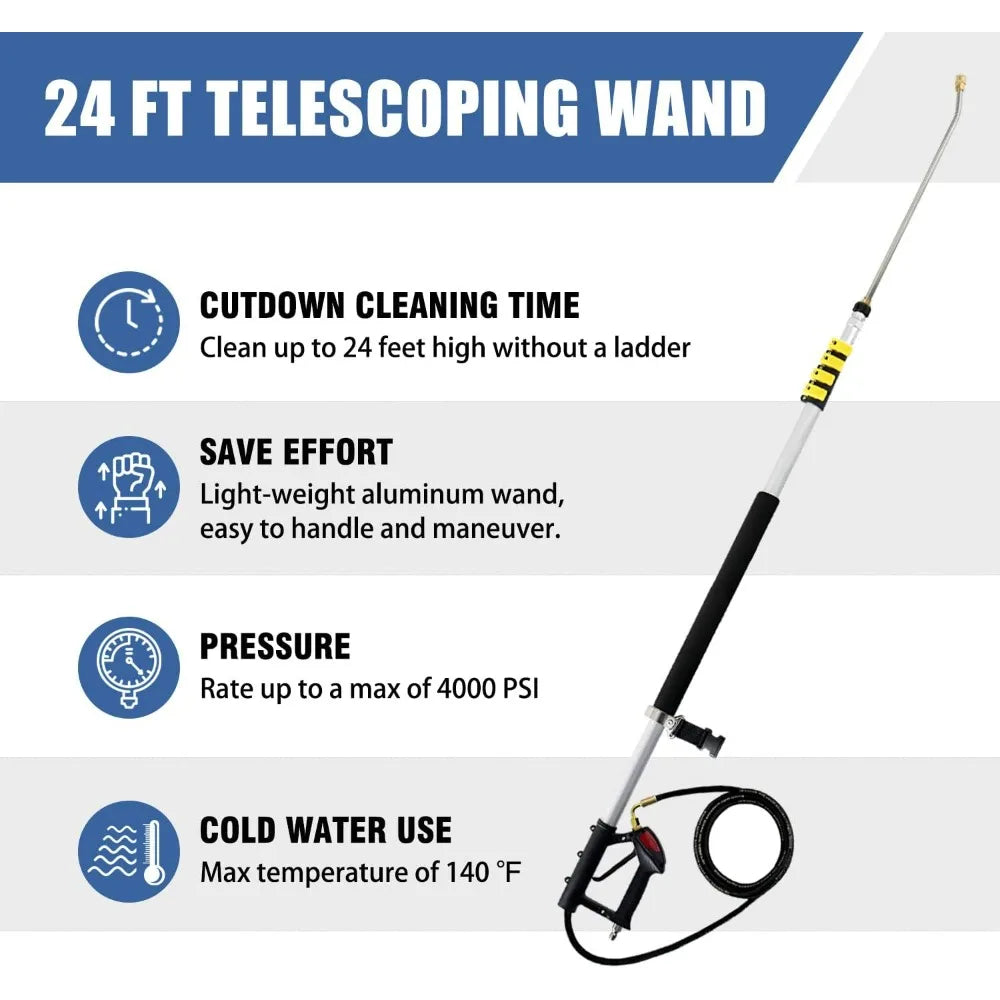 Aluminum Telescoping Pressure Washer Wand 24 Feet with 2 Extension Wands, Gutter Cleaner, and 7 Nozzles