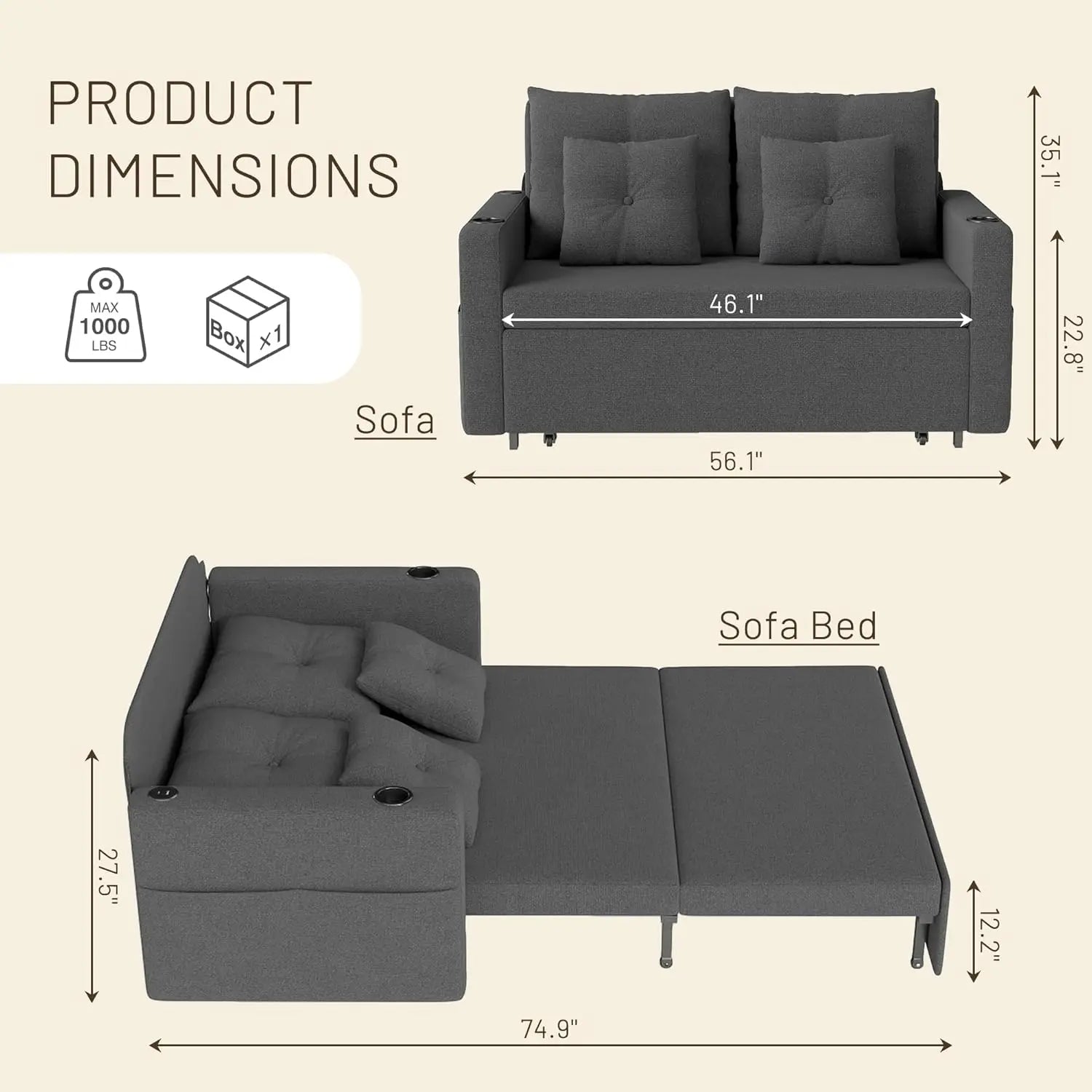 3 in 1 Sofa Bed, 56" Convertible Pull Out Couch, Loveseat Sleeper Sofa with Cup Holders, USB, Sofa Couches