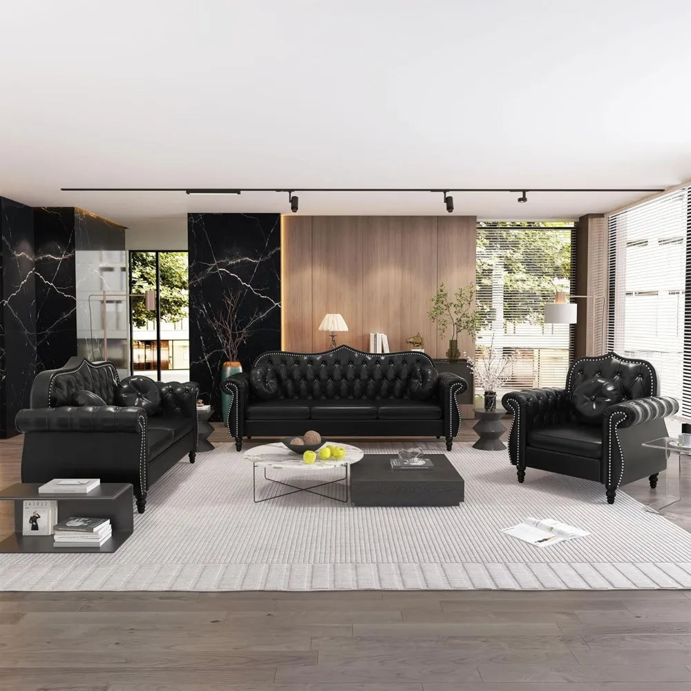 Chesterfield Three Seater Sofa, Mid-Century Modern Faux Leather 3-Seater Upholstered Couch, Tufted Living Room Sofa with 2 Pillows