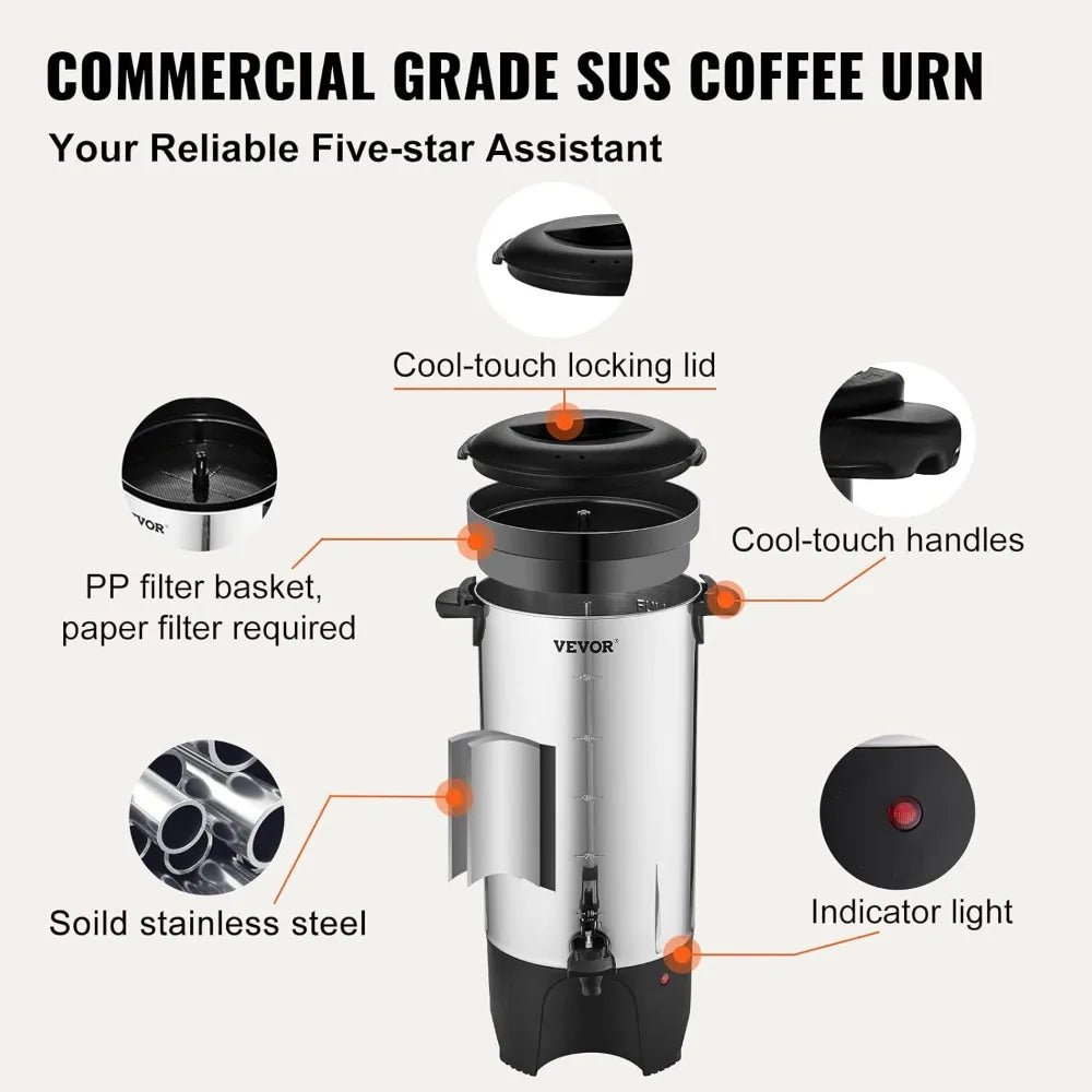 50 Cup Commercial Coffee Urn 7.5L Stainless Steel Electric Dispenser 1000W Fast Brewing