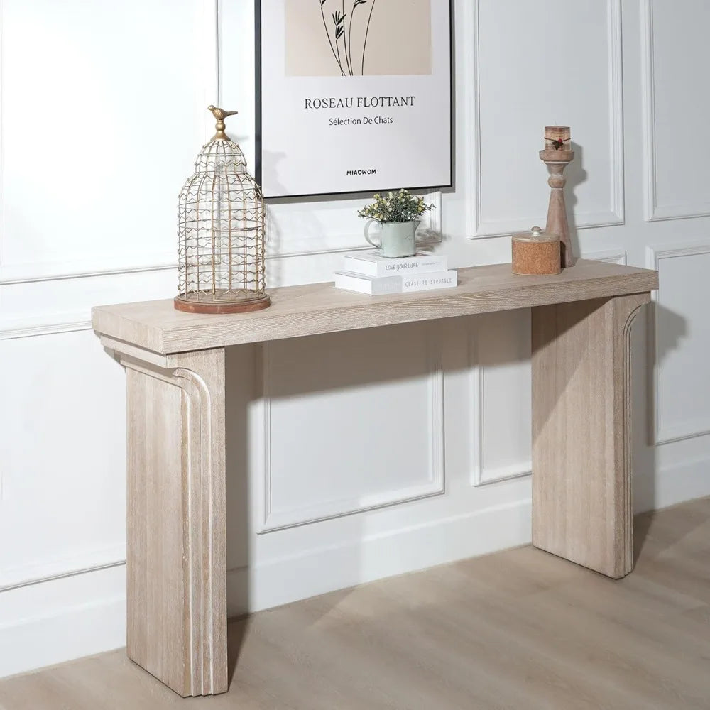 Narrow Farmhouse Style Console Table, 58 Inches Long, Decorative Carved Base, Modern Accent for Entryway or Behind Sofa