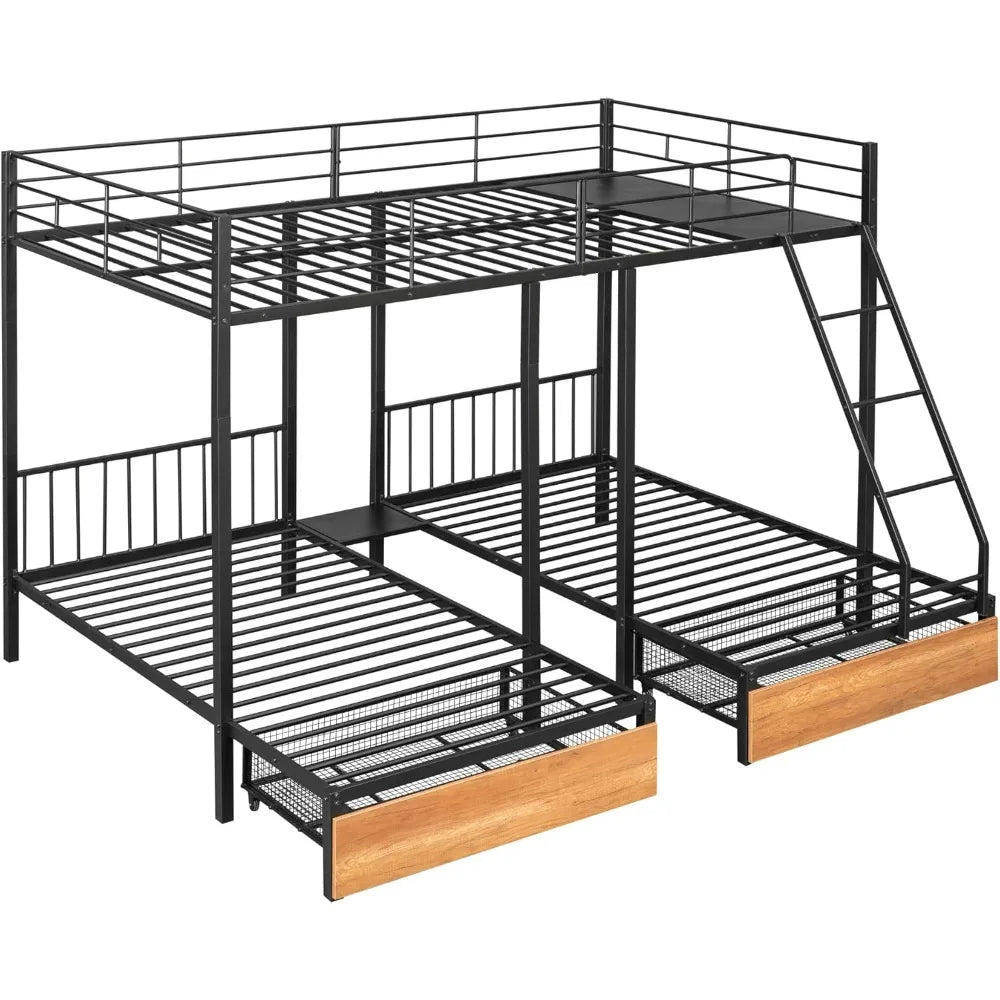 Sturdy Metal Triple Deck Bunk Bed, Full-Size Top with Twin Beds Below, Storage Drawers Included, 3-Bed Configuration/Convertible