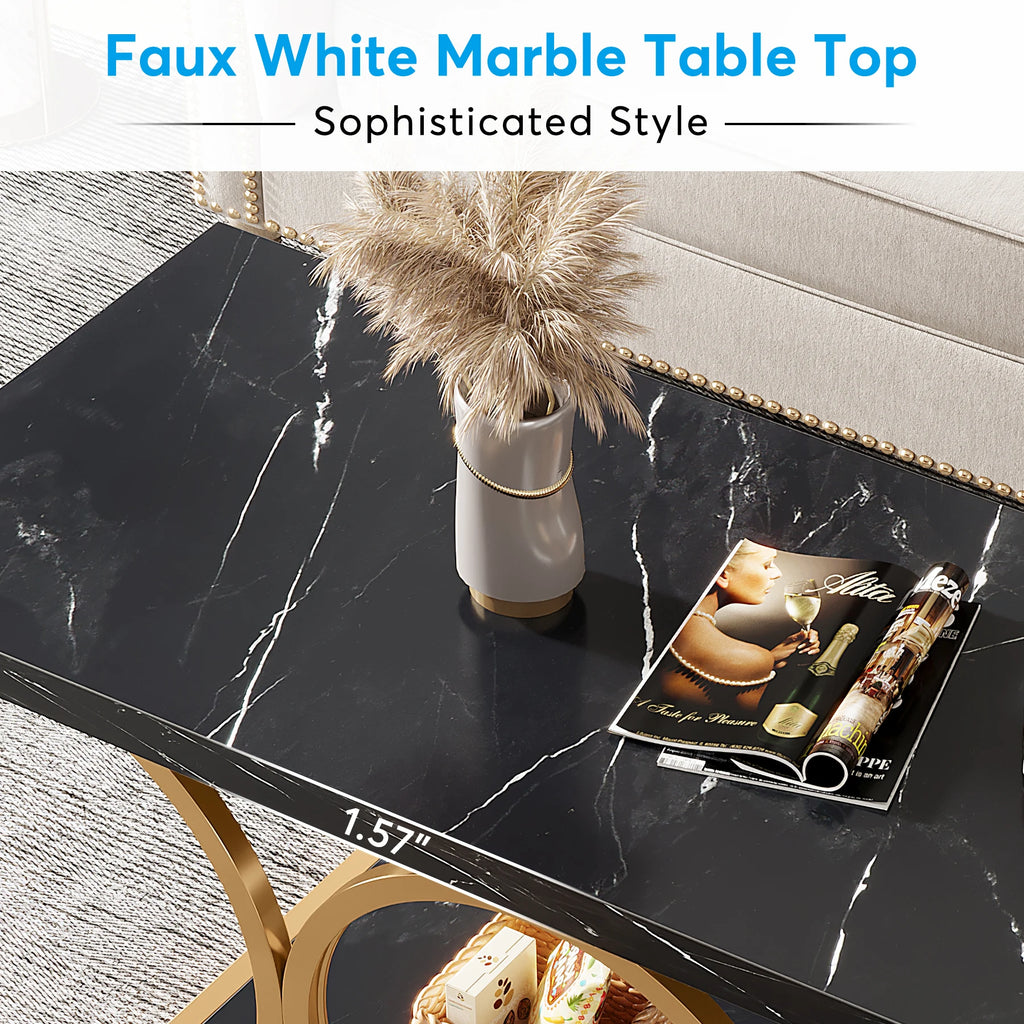 Rectangle Coffee Table, 2-Tier Faux Marble Wood