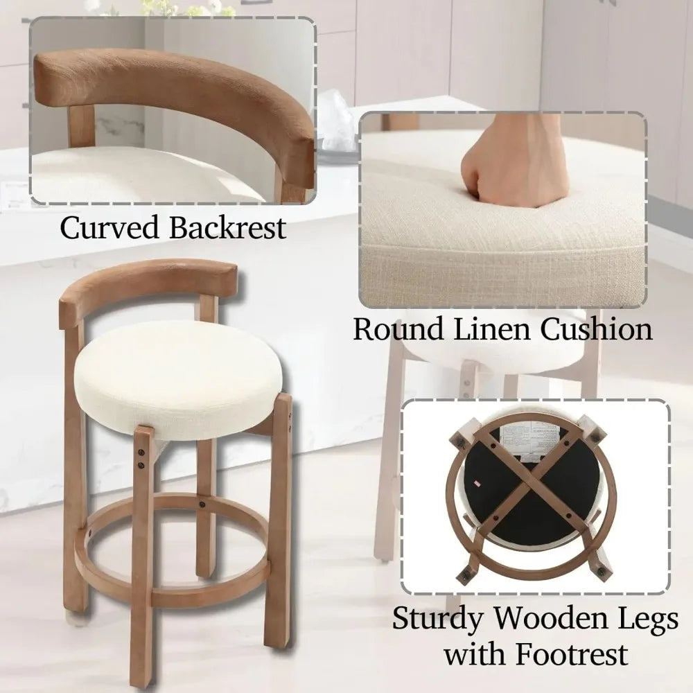Mid Century Linen Bar Stools Set of 4, Upholstered, 26.5" Seat Height, Round Low Back Stools with Footrest