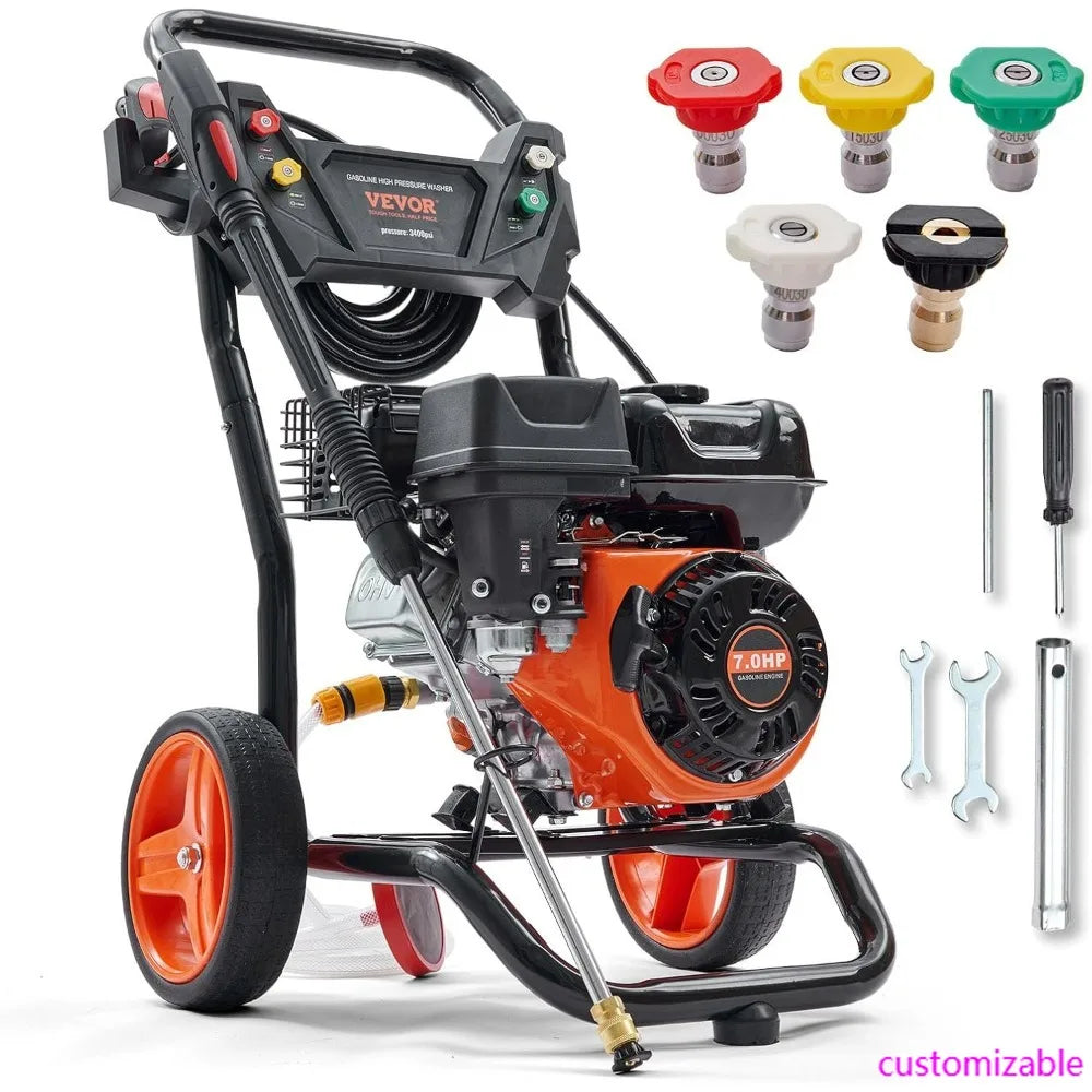 Gas-Powered Pressure Washer: 3400 PSI, 2.6 GPM, Spray Gun, Extension Wand, 5 Nozzles, Copper Pump