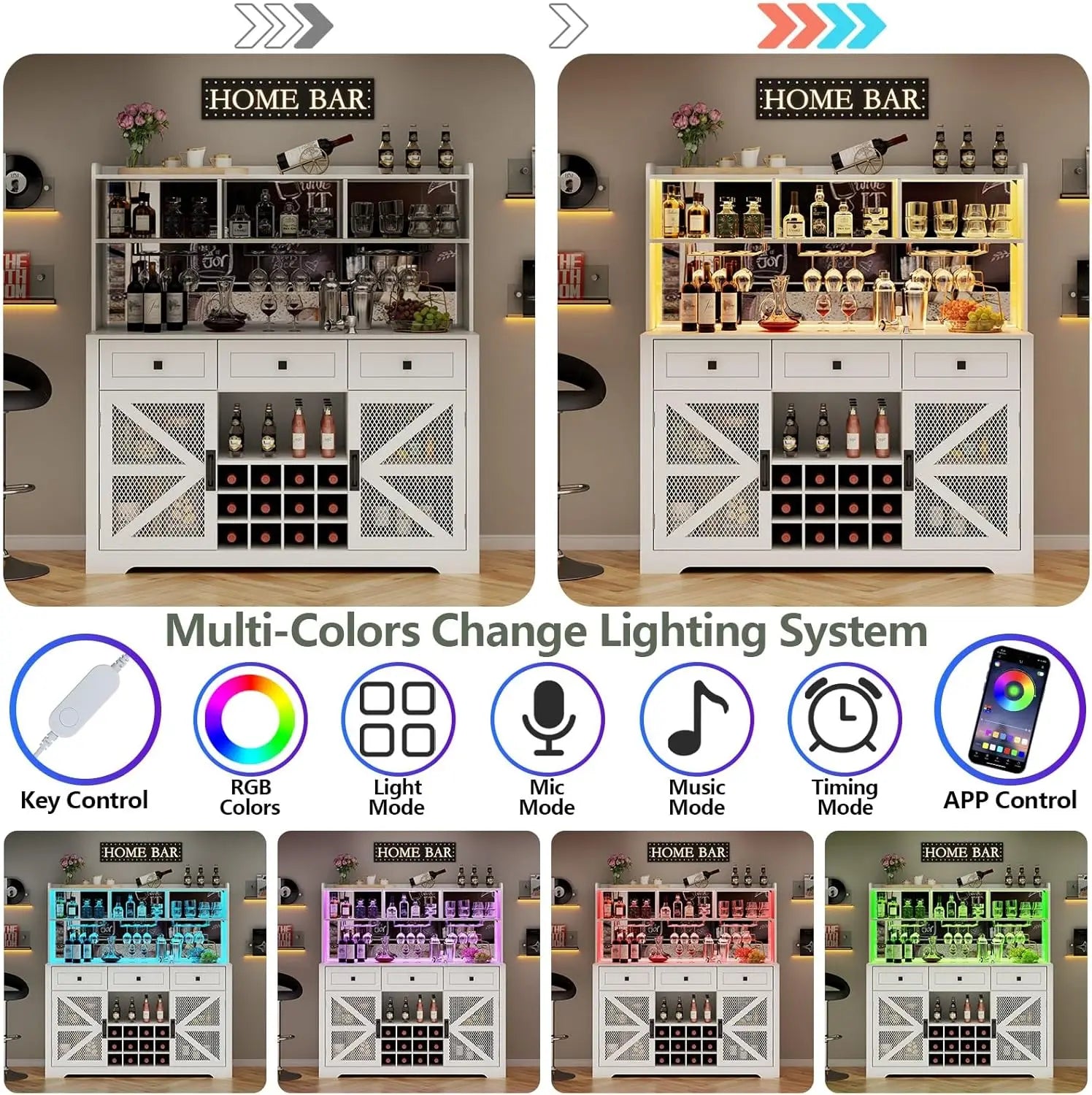 Farmhouse Wine Bar Cabinet with LED Lights, Kitchen Coffee Bar Cabinet with Acrylic Mirror, Wine & Glass Rack, Storage Shelves
