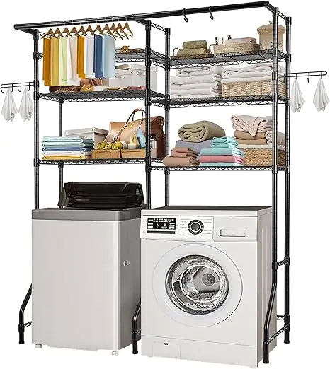 6-Tier Laundry Room Drying Rack with Hanger Bar and Hooks, Adjustable Over Washer and Dryer Storage Shelf