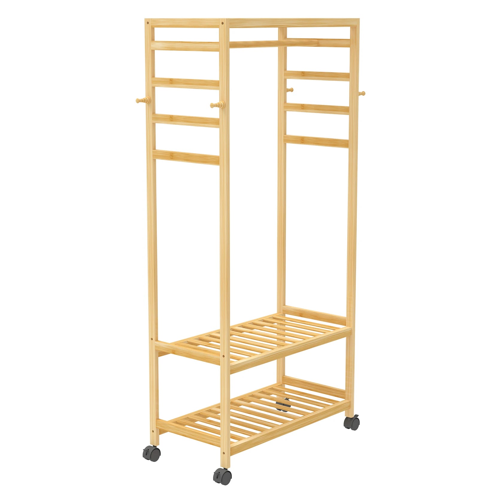 Bamboo Garment Coat Rack Clothes Hanging Rack Organizer with Wheels