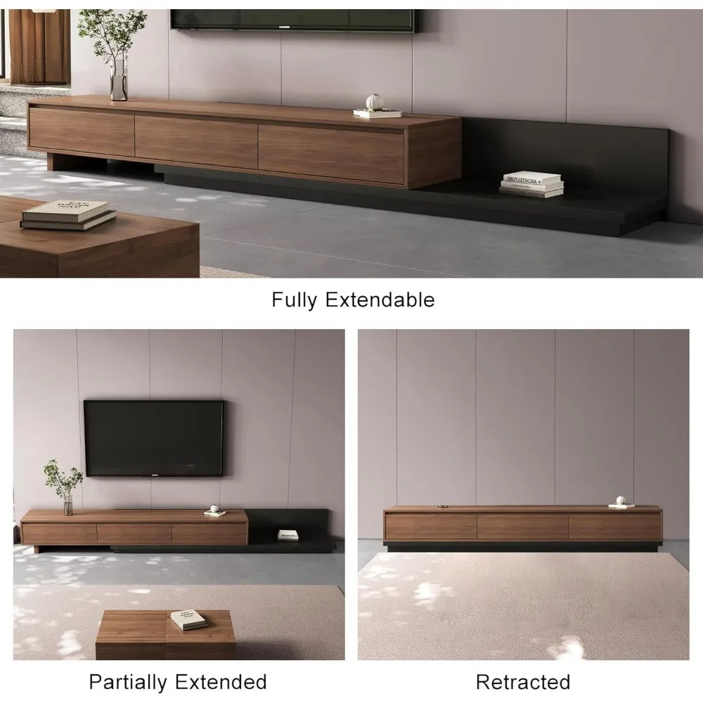 Mid-Century Modern Expandable TV Stand with 3 Drawers – Adjustable Entertainment Center for Living Room & Bedroom (79" to 130"),