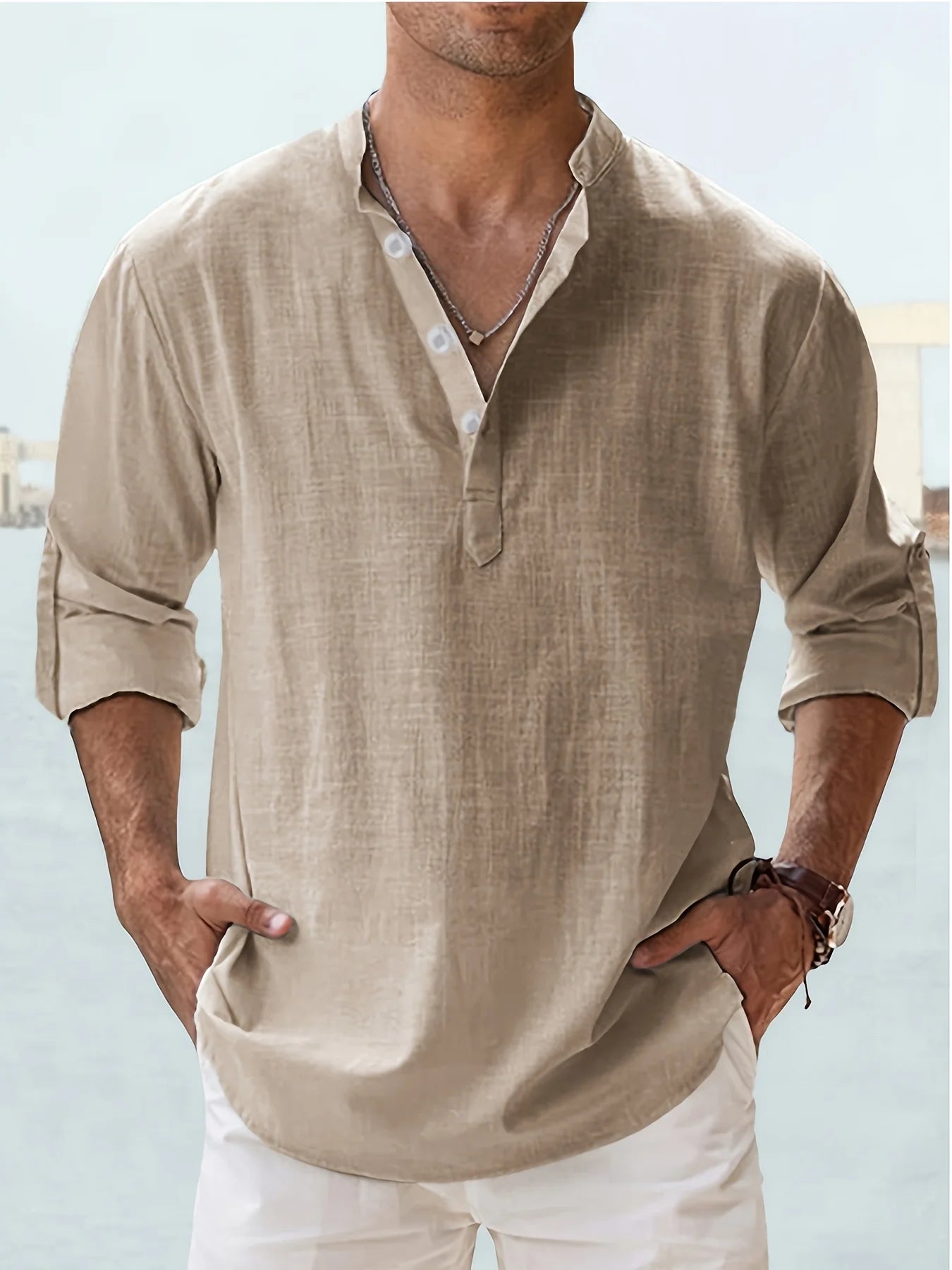 Men's Linen Stand Collar Long Sleeve T-Shirt Loose Fit; Solid Color Long Sleeve Cotton Linen Shirt