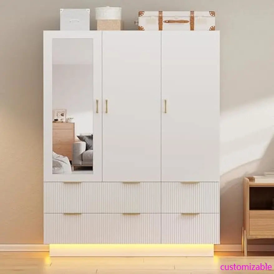 Armoire Wardrobe Closet with 3 Door, with Mirror and LED Lights, Hanging Rod, Drawers
