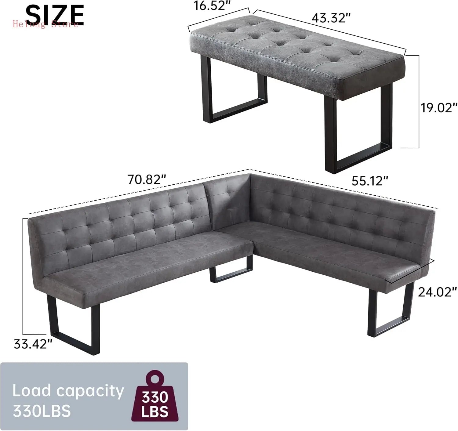 Modern L-Shaped Dining Bench, Vintage Fabric Upholstered Corner Sofa with Metal Legs for Kitchen Nook, Living Room