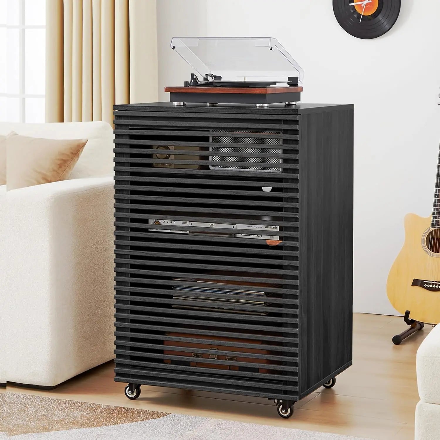 Tier AV Media Cabinet & Adjustable Shelves, Modern Wooden Stereo Rack , Audio Video Stand (Black)