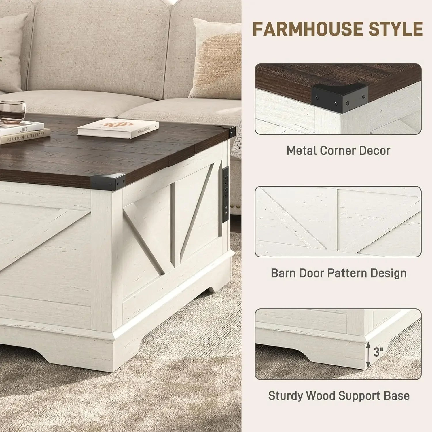 40” Large Farmhouse Lift Top Coffee Table with Power Outlets and Large Hidden Storage, Square Wood Living/Room Tables