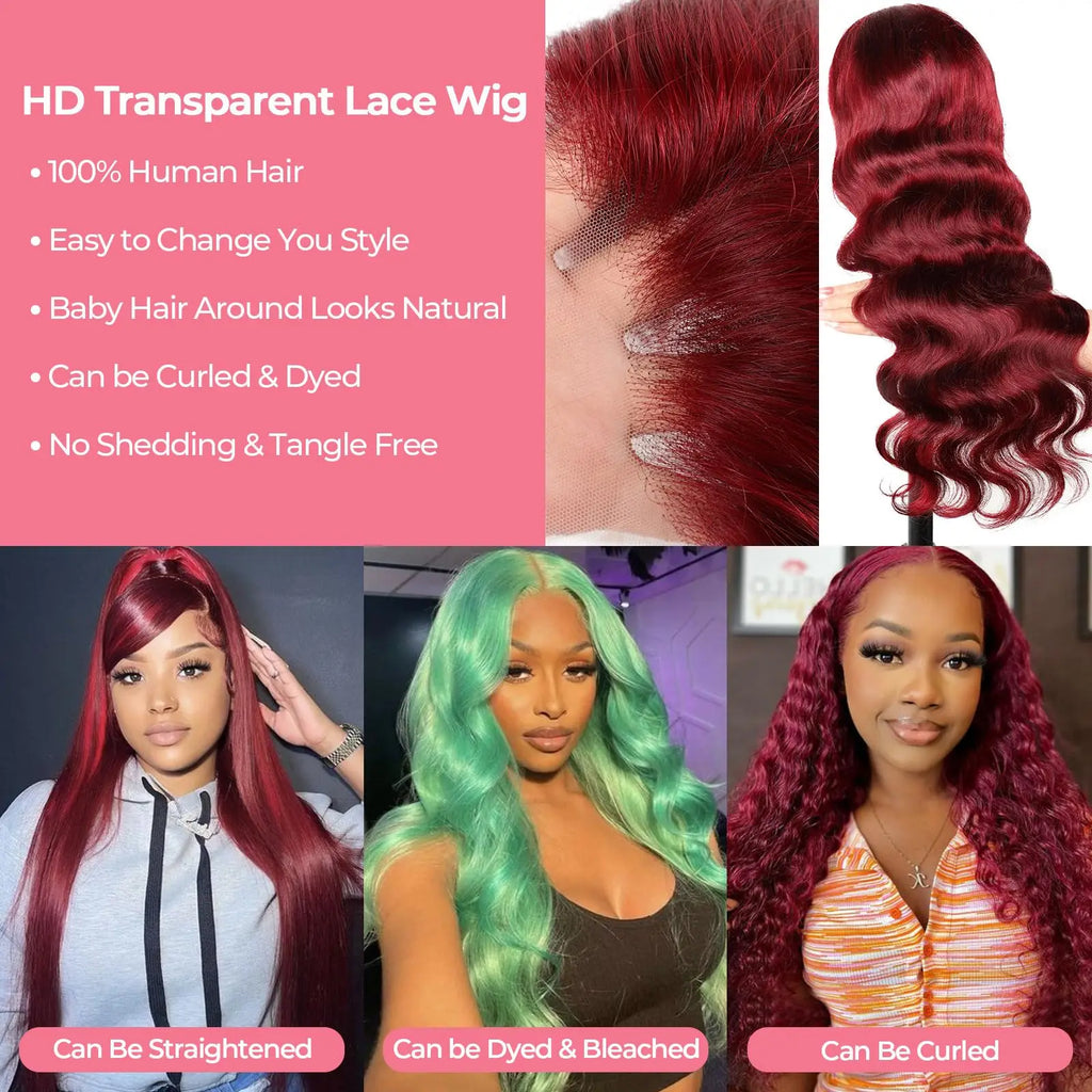 30 inch 99J Burgundy Lace Front Wigs Human Hair 13x6 Body Wave/ Lace Front Wigs/ Wine Red Lace Front Wig /180% Density