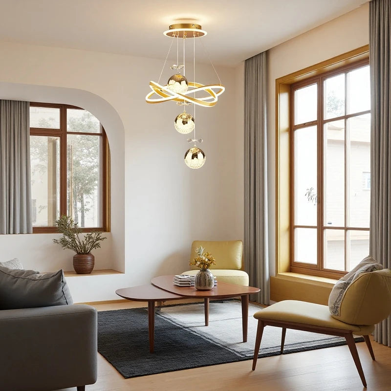 LED Chandelier with Three Spherical Lampshades, Three Adjustable Light Colors, Adjustable Height, and Crystal Accents; Suitable for Above Dining Tables, in Bedrooms, and More