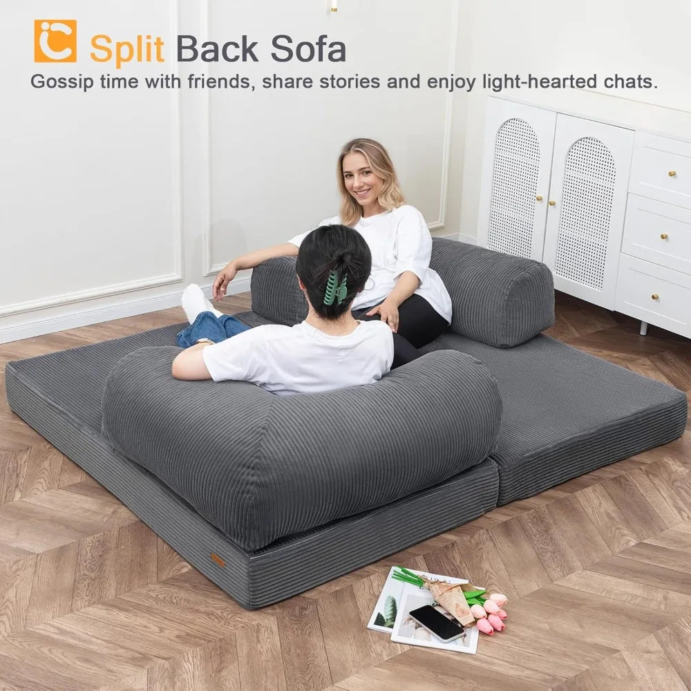 Futon Sofa Bed, 4-in-1 Floor Foldable Sofa Couch/Queen Bed with L-Shaped Armrests, Convertible Folding Chair Bed Sleeper
