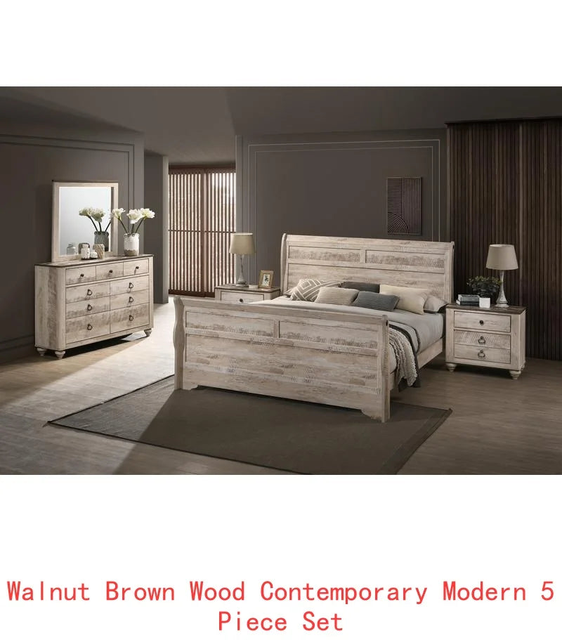 Contemporary White Wash Finish King Sleigh Bed Set with Dresser, Mirror, and 2 Nightstands