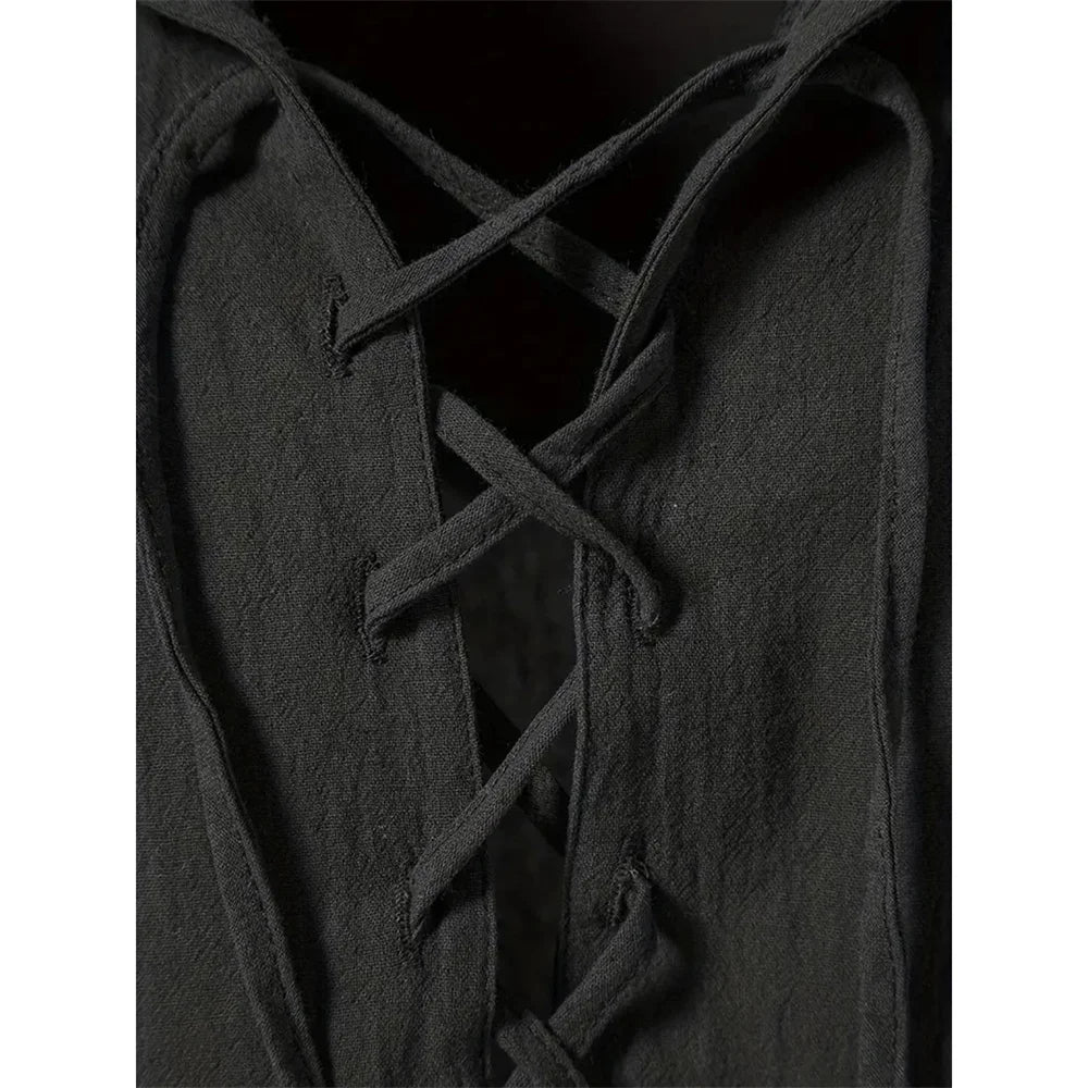 Men's Retro Shirt Short Sleeve Cotton Linen Lightweight Breathable Solid Color Fashion Tops Pirate V-neck Male Stylish Shirt