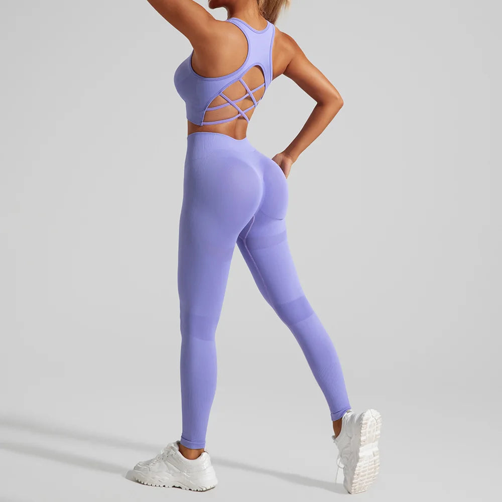 Women's Seamless Workout Set High Waisted Yoga Pants & Sports Bra with Removable Pads Booty Lifting for Running Training