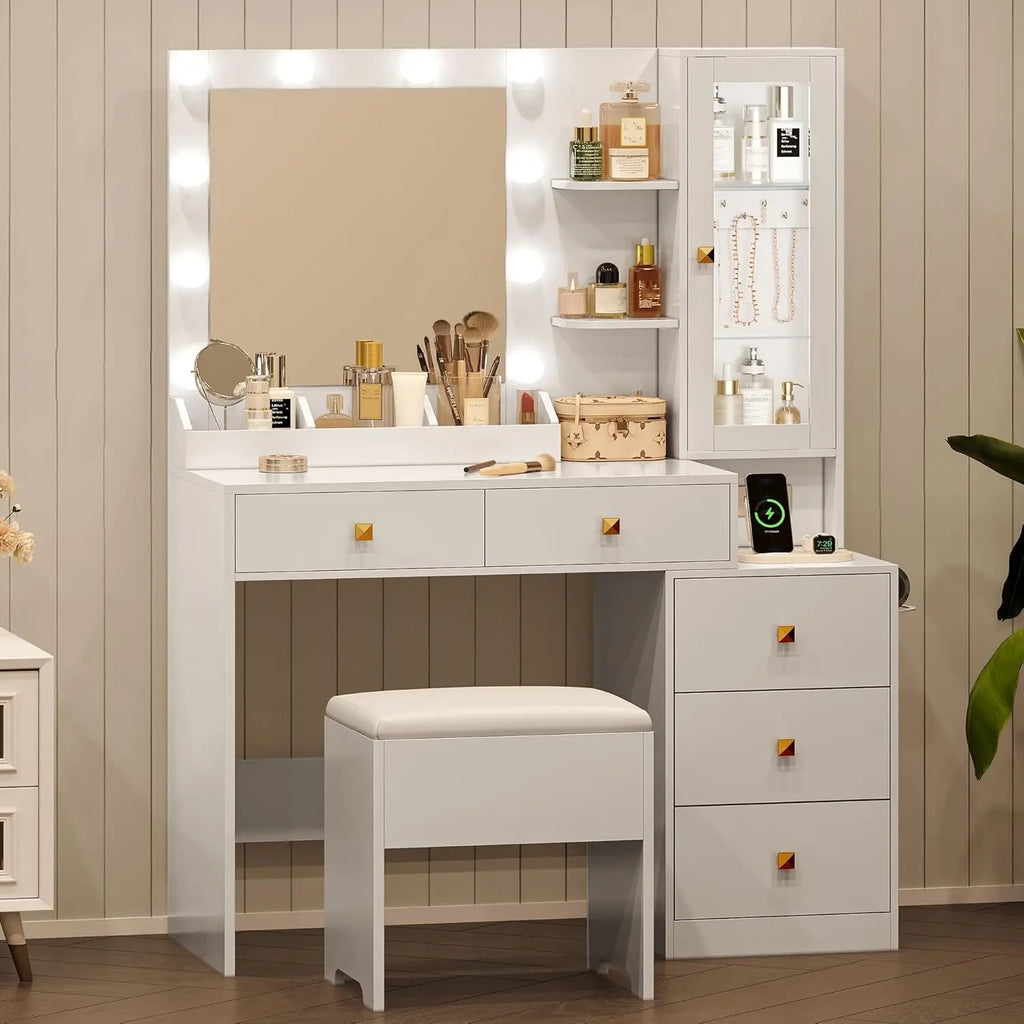 Vanity Desk with Mirror and Lights, White Makeup Vanity with 5 Drawers Hidden Jewelry Organizer & LED Glass Cabinet