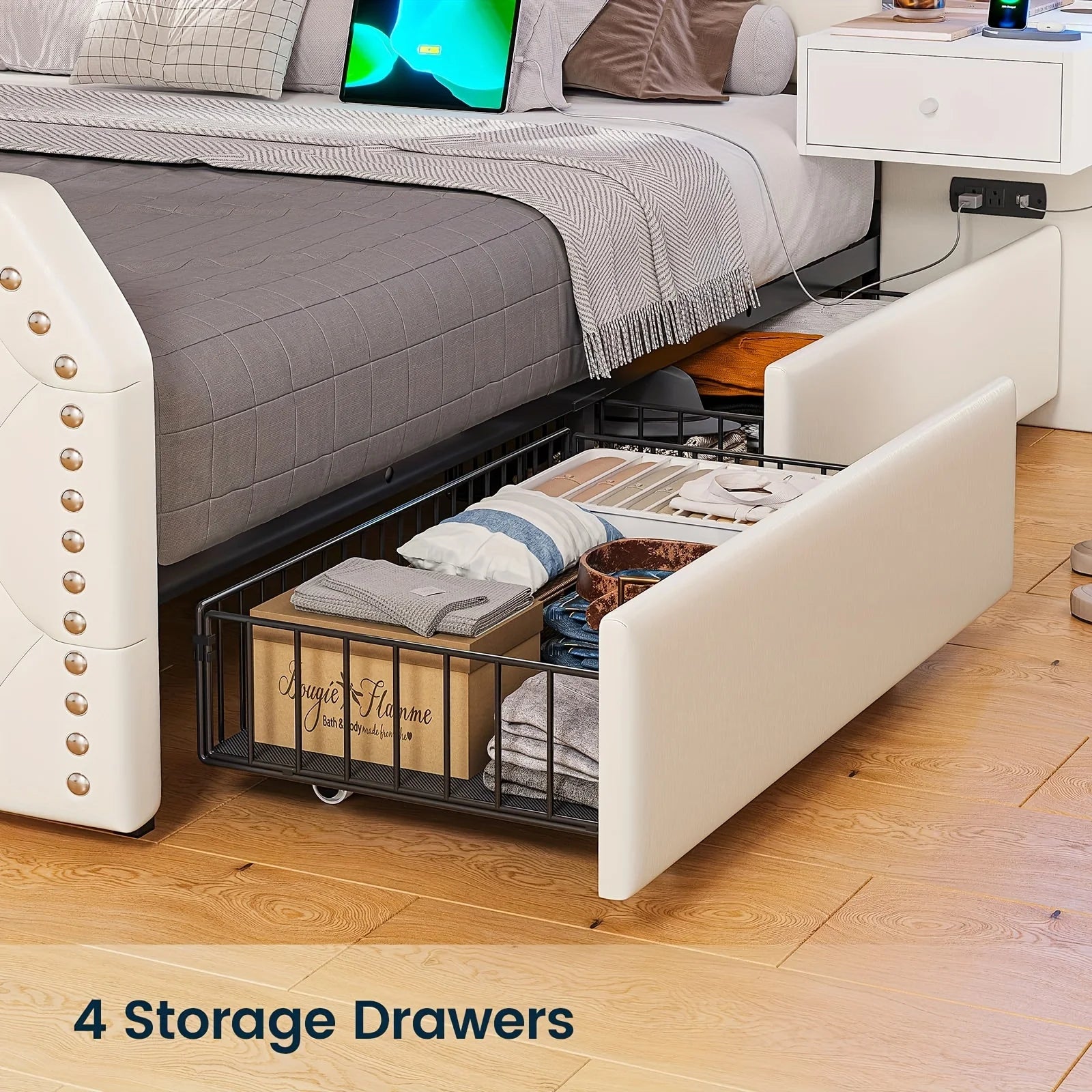 Queen Size Bed Frame/2 Nightstands with Mirror, Platform Bed Frame with 53" Tall Headboard and 4 Storage Drawers