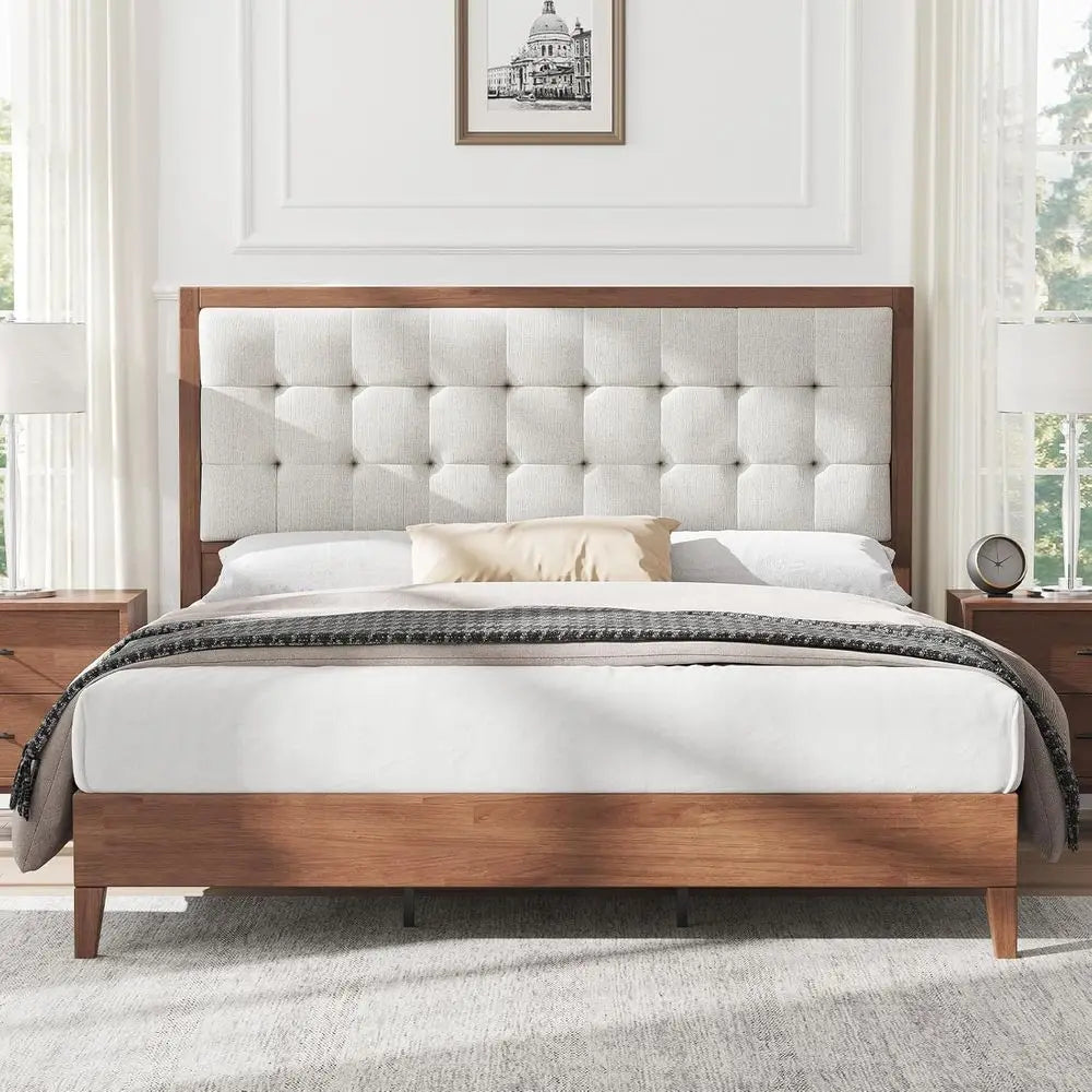 Mid-Century Walnut Solid Wood Bed Frame with Tufted Headboard, No Box Spring Needed