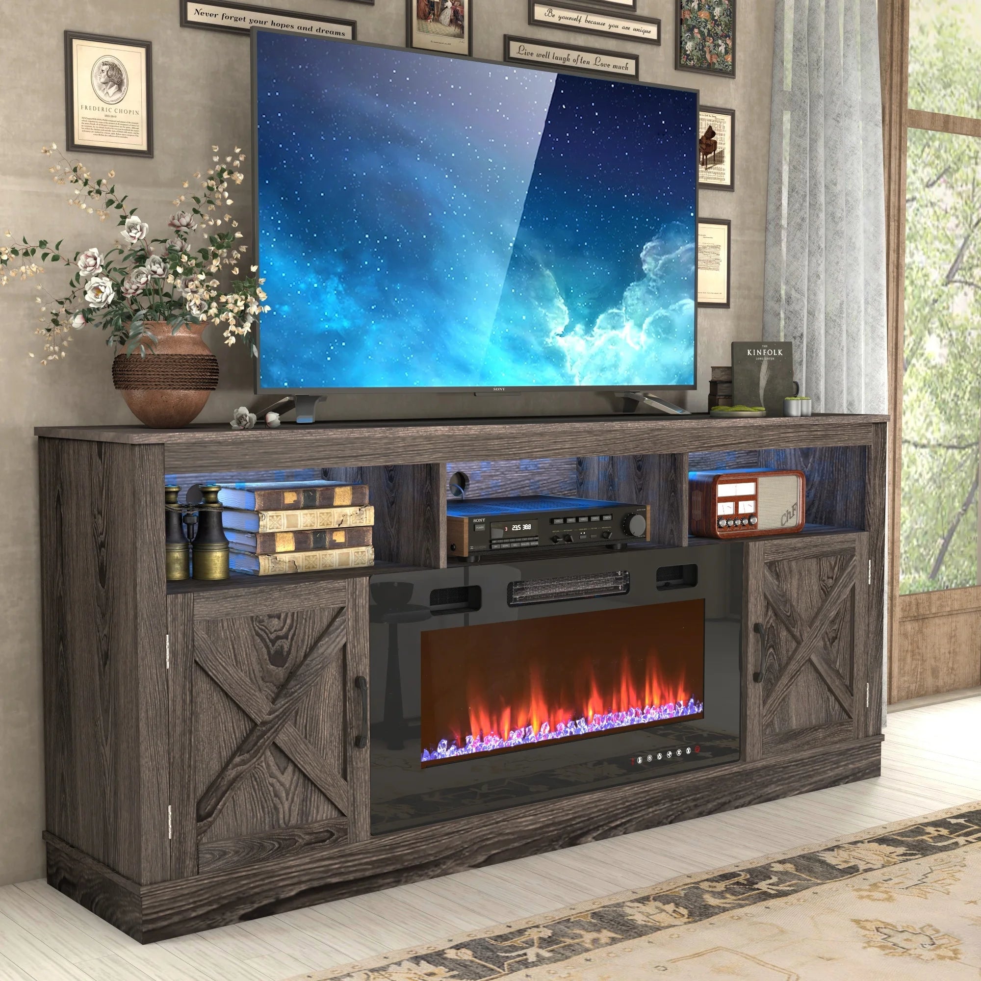 Farmhouse Fireplace TV Stand for 70/75/80” TV, 71” Entertainment Center with 36”Electric Fireplace & LED Light, White/Grey