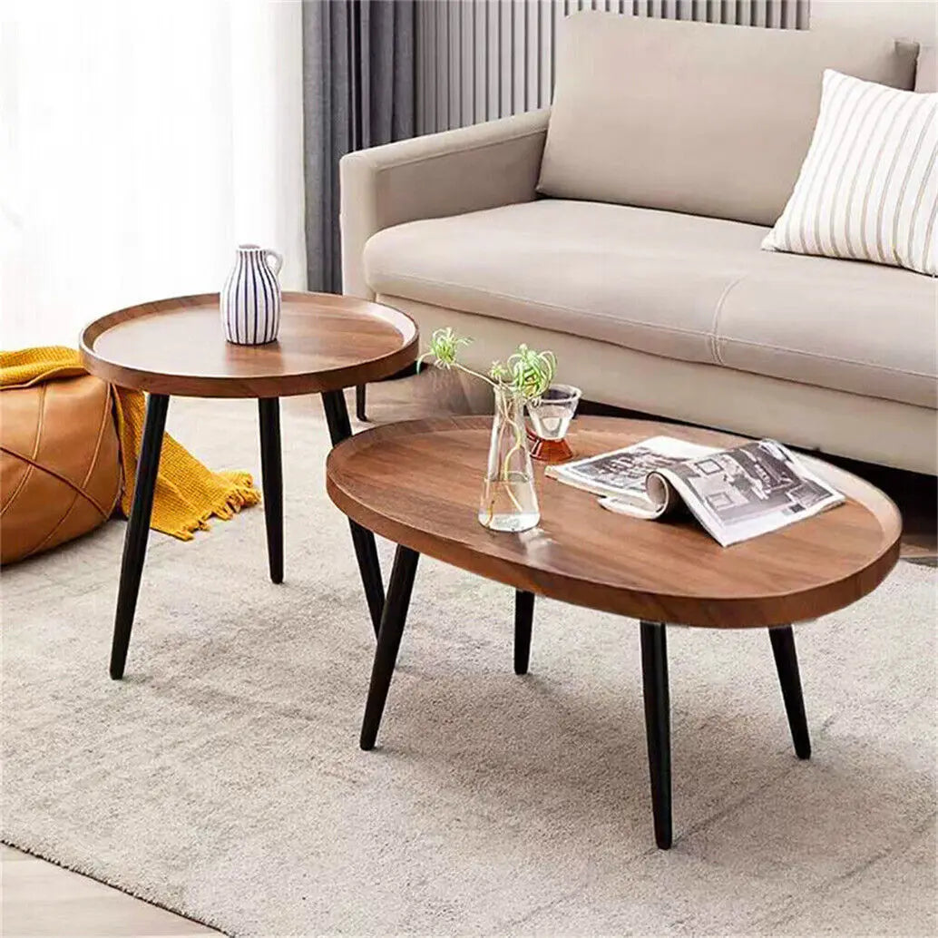 Irregular Living Room Coffee Table Set Small Drop-Shaped Solid Wooden Sofa Side/ End Table 2-in1 with Triangle Legs