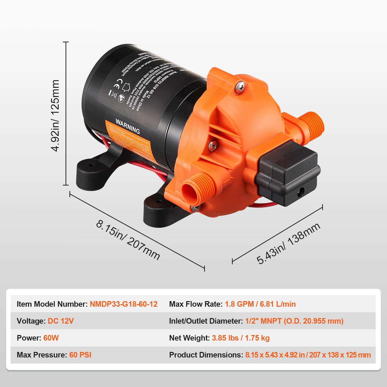 12V Diaphragm Pump 1.8/3/3.5/5 GPM 3/4/5-Chamber 40-100 PSI Adjustable 1/2'' MNPT Port for RV/ Yacht/ Food Truck/ Camper