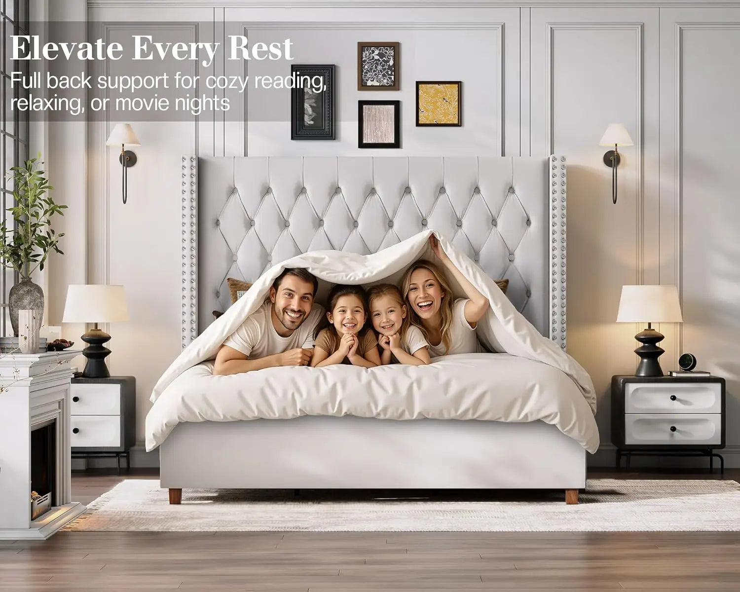 Queen Size Bed Frame with 61.4'' Tall Headboard, Velvet Upholstered Wingback Platform Design, Handcrafted Pleats